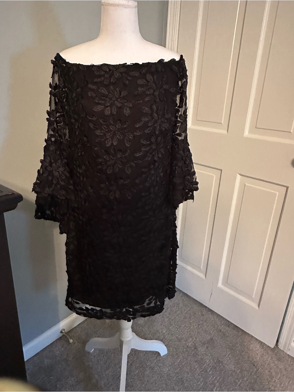Ralph Lauren Black Dress with Textured Floral Trim Off The Shoulder